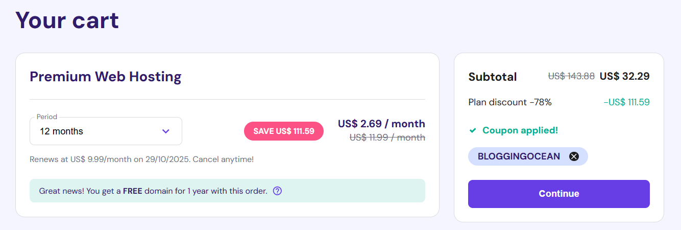 Hostinger Black Friday 2024 Cart Pricing Section Coupon Applied