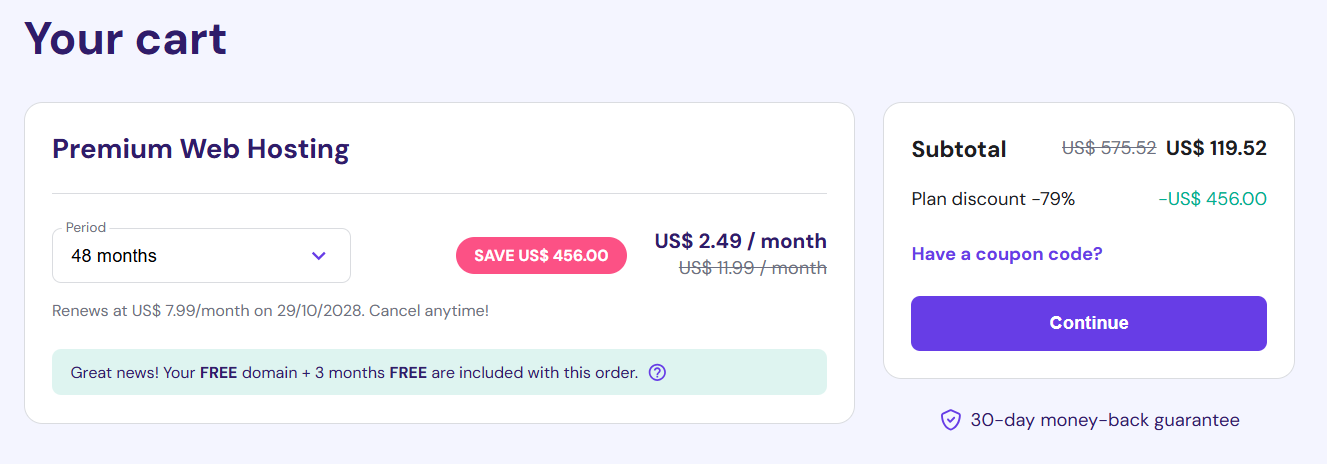 Hostinger Black Friday 2024 Cart Pricing Section